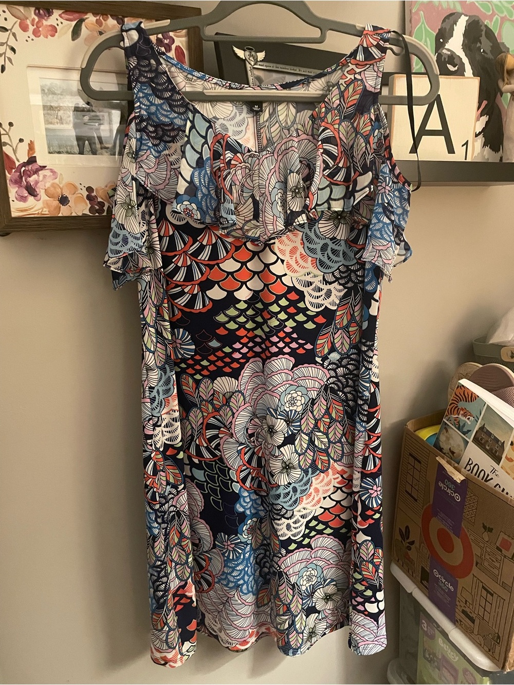 Roz & Ali Navy Multicolor Cold-Shoulder Midi Dress